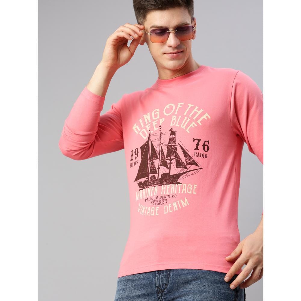 BLACK RADIO Mens Round neck Long Sleeve Graphic Printed Pink T-Shirt