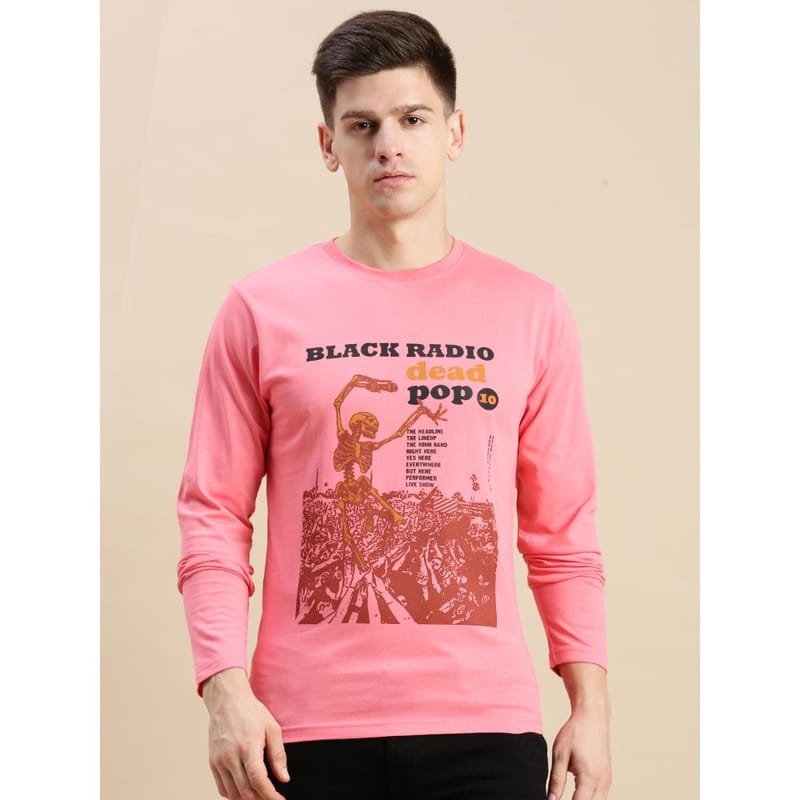 BLACK RADIO Mens Round neck Long Sleeve Graphic Printed Pink T-Shirt