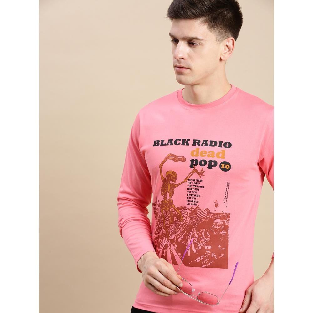 BLACK RADIO Mens Round neck Long Sleeve Graphic Printed Pink T-Shirt