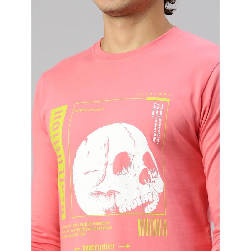 BLACK RADIO Mens Round neck Long Sleeve Graphic Printed Pink T-Shirt