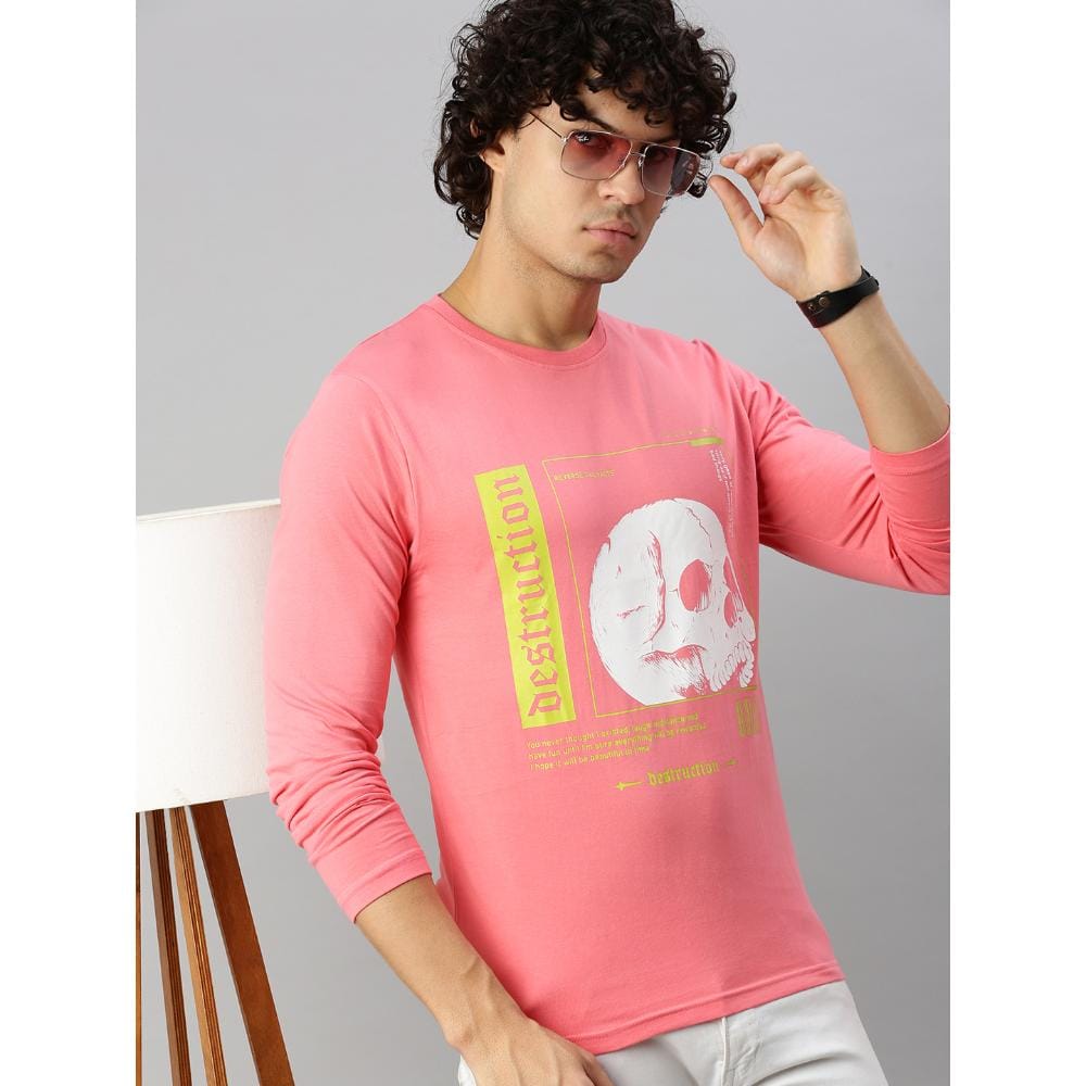 BLACK RADIO Mens Round neck Long Sleeve Graphic Printed Pink T-Shirt