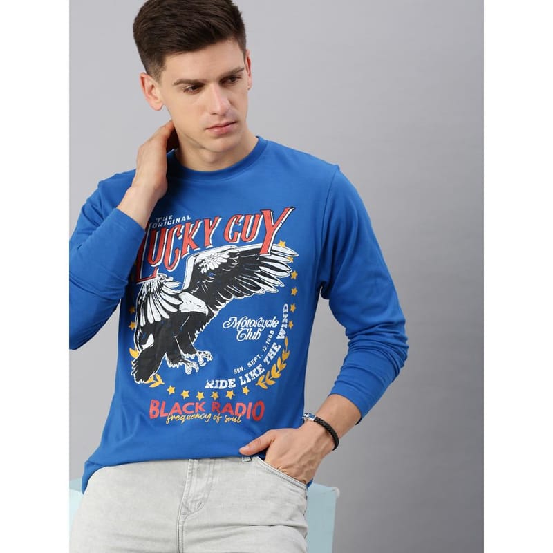 BLACK RADIO Mens Round neck Long Sleeve Graphic Printed Royal Blue T-Shirt