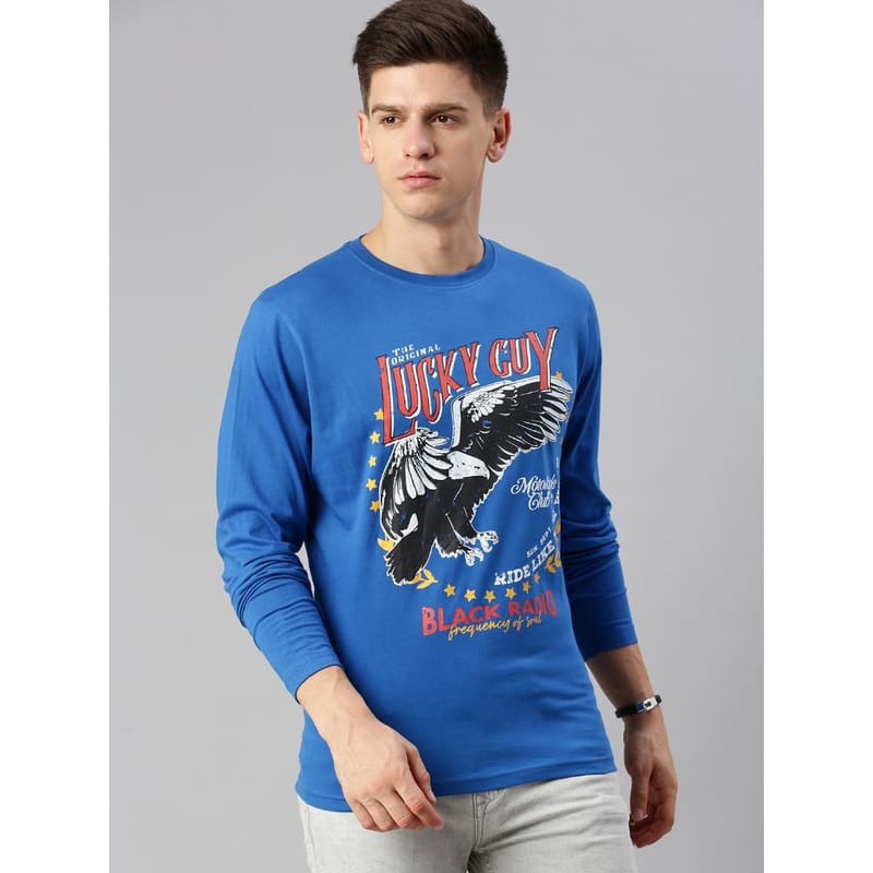 BLACK RADIO Mens Round neck Long Sleeve Graphic Printed Royal Blue T-Shirt