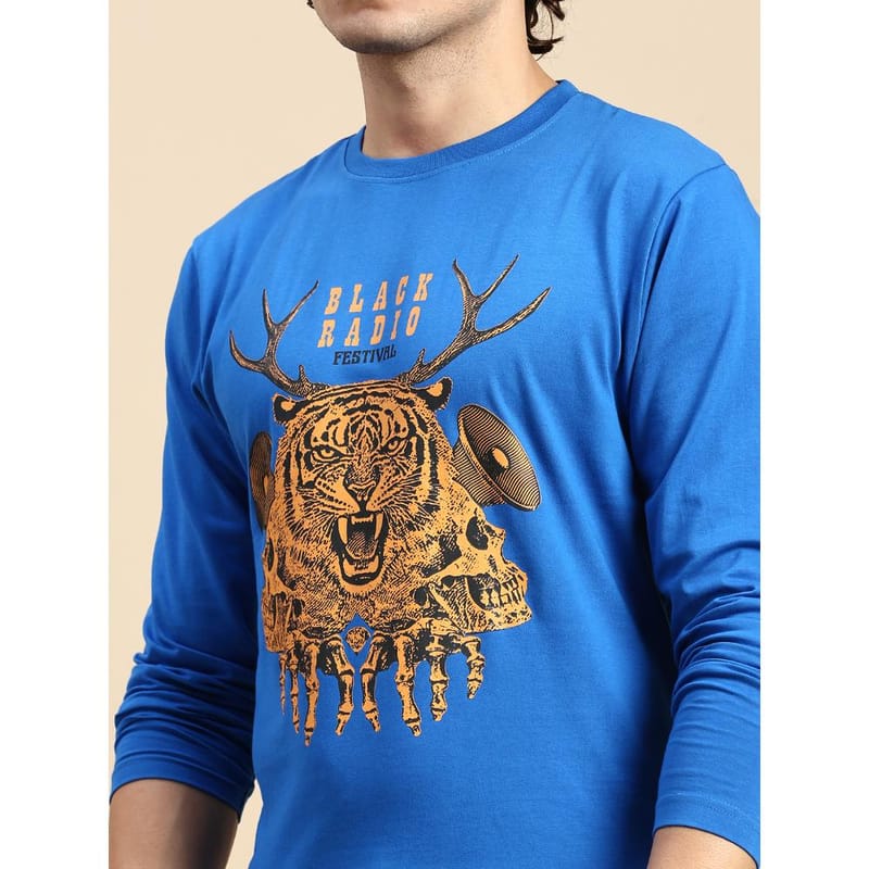 BLACK RADIO Mens Round neck Long Sleeve Graphic Printed Royal Blue T-Shirt