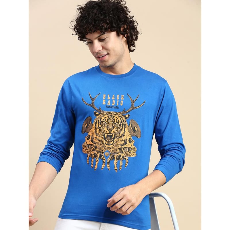 BLACK RADIO Mens Round neck Long Sleeve Graphic Printed Royal Blue T-Shirt