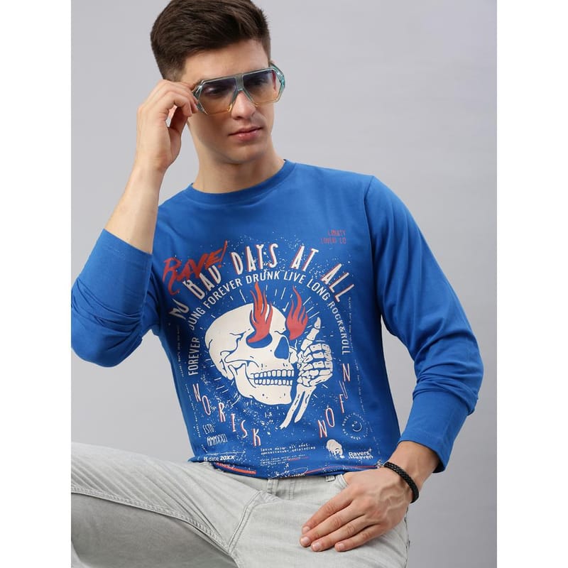 BLACK RADIO Mens Round neck Long Sleeve Graphic Printed Royal Blue T-Shirt