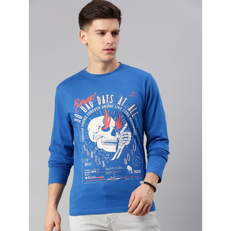 BLACK RADIO Mens Round neck Long Sleeve Graphic Printed Royal Blue T-Shirt