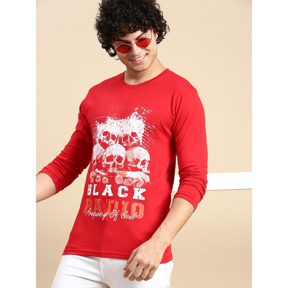 BLACK RADIO Mens Round neck Long Sleeve Graphic Printed Red T-Shirt