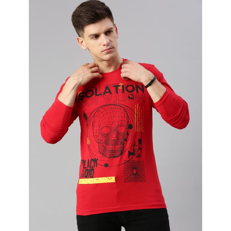 BLACK RADIO Mens Round neck Long Sleeve Graphic Printed Red T-Shirt