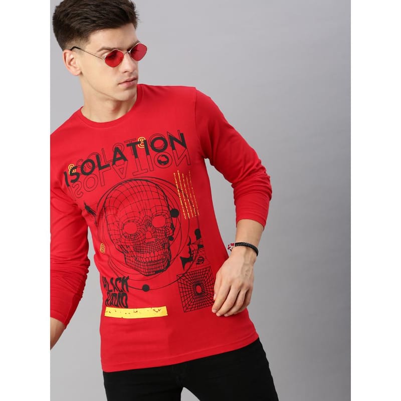 BLACK RADIO Mens Round neck Long Sleeve Graphic Printed Red T-Shirt