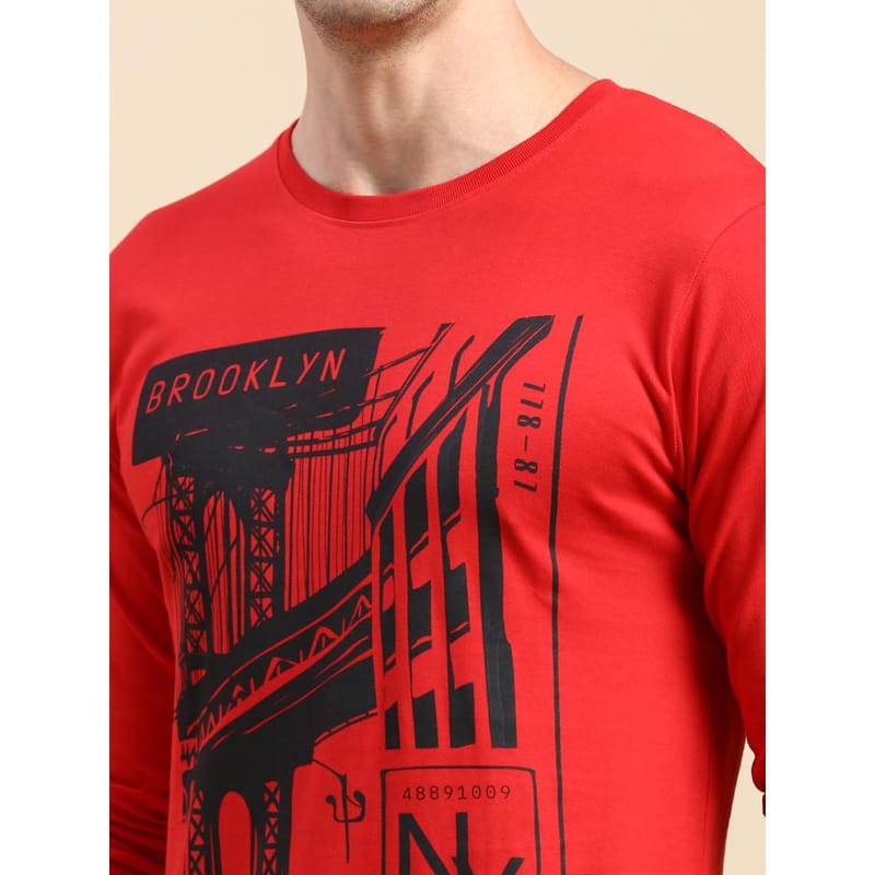 BLACK RADIO Mens Round neck Long Sleeve Graphic Printed Red T-Shirt