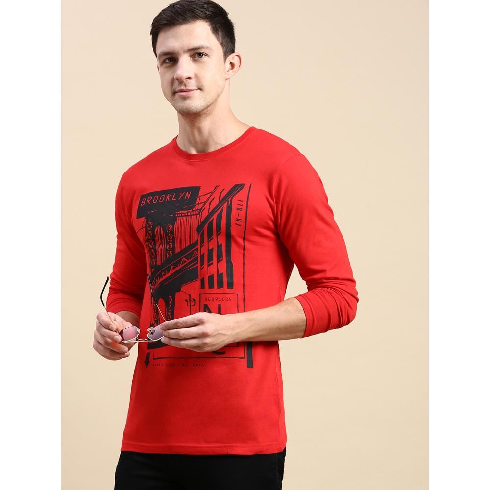 BLACK RADIO Mens Round neck Long Sleeve Graphic Printed Red T-Shirt