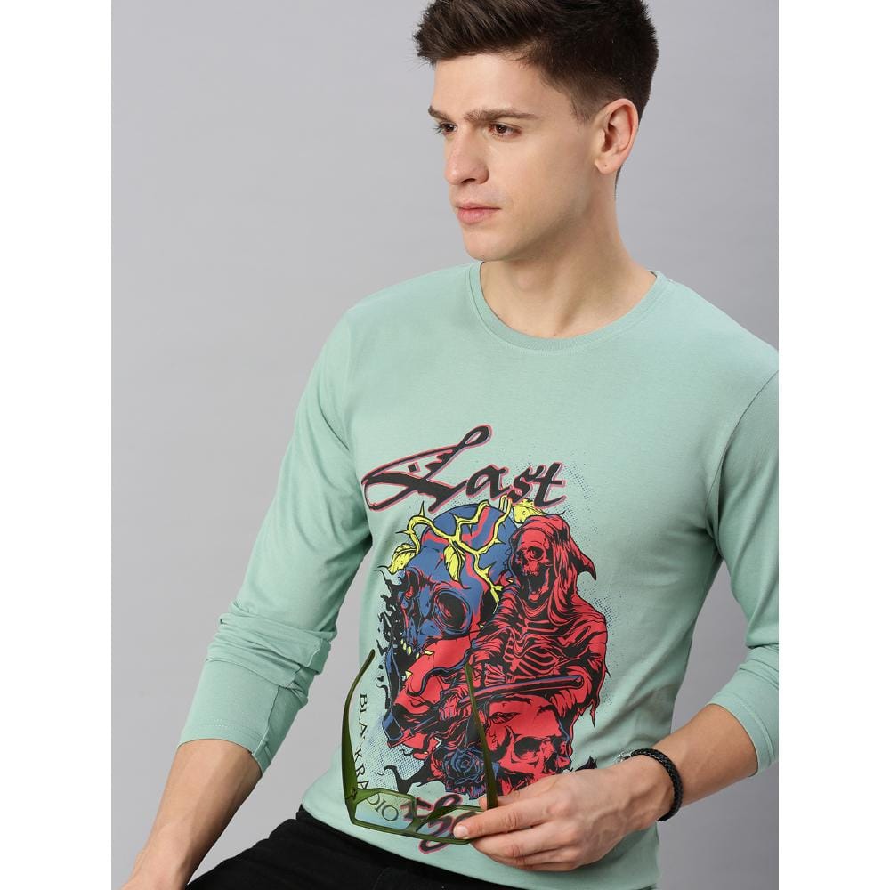 BLACK RADIO Mens Round neck Long Sleeve Graphic Printed Reseda Green T-Shirt