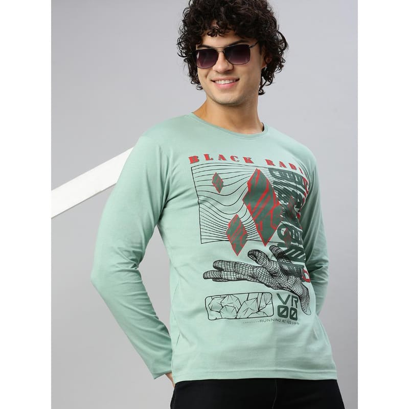 BLACK RADIO Mens Round neck Long Sleeve Graphic Printed Reseda Green T-Shirt