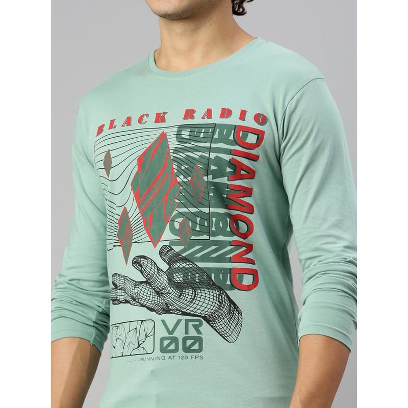 BLACK RADIO Mens Round neck Long Sleeve Graphic Printed Reseda Green T-Shirt