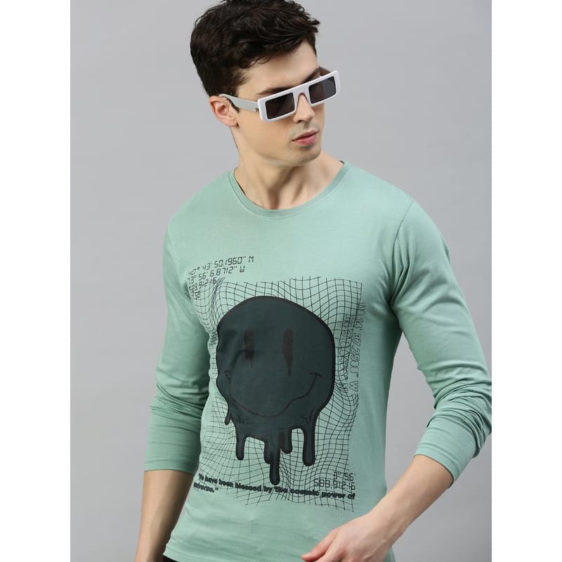 BLACK RADIO Mens Round neck Long Sleeve Graphic Printed Reseda Green T-Shirt