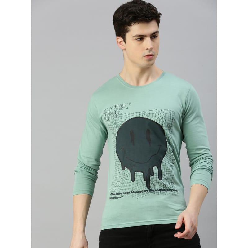 BLACK RADIO Mens Round neck Long Sleeve Graphic Printed Reseda Green T-Shirt