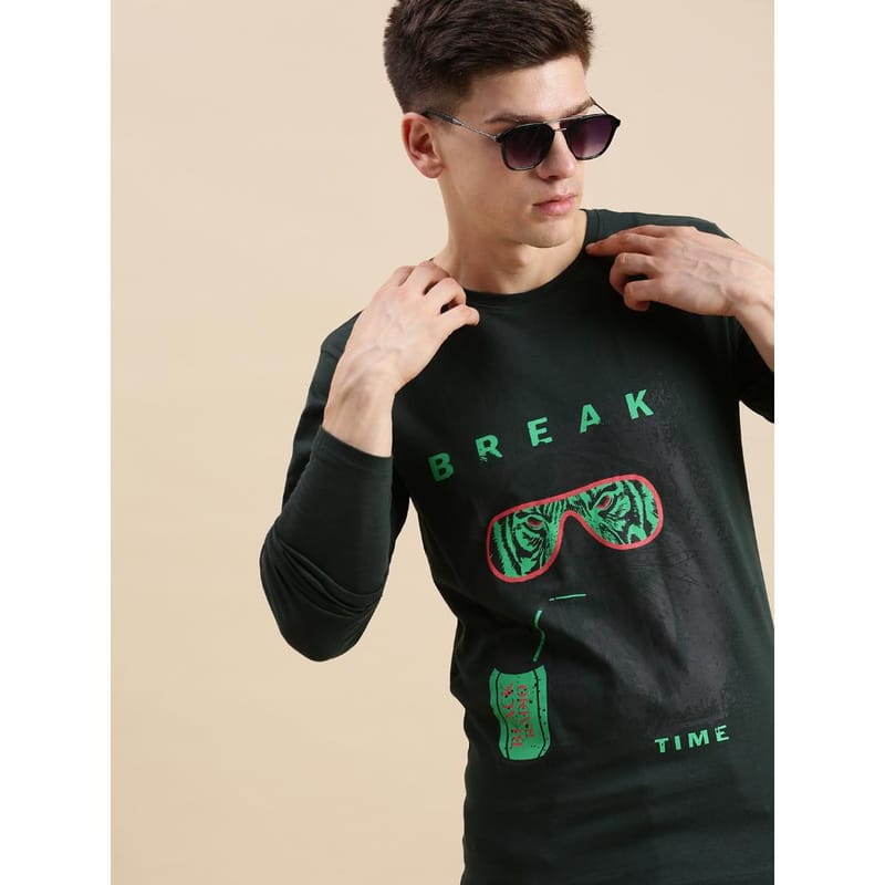 BLACK RADIO Mens Round neck Long Sleeve Graphic Printed Steal Green T-Shirt