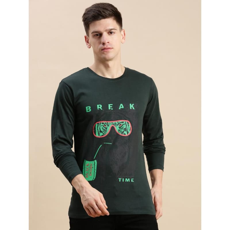 BLACK RADIO Mens Round neck Long Sleeve Graphic Printed Steal Green T-Shirt