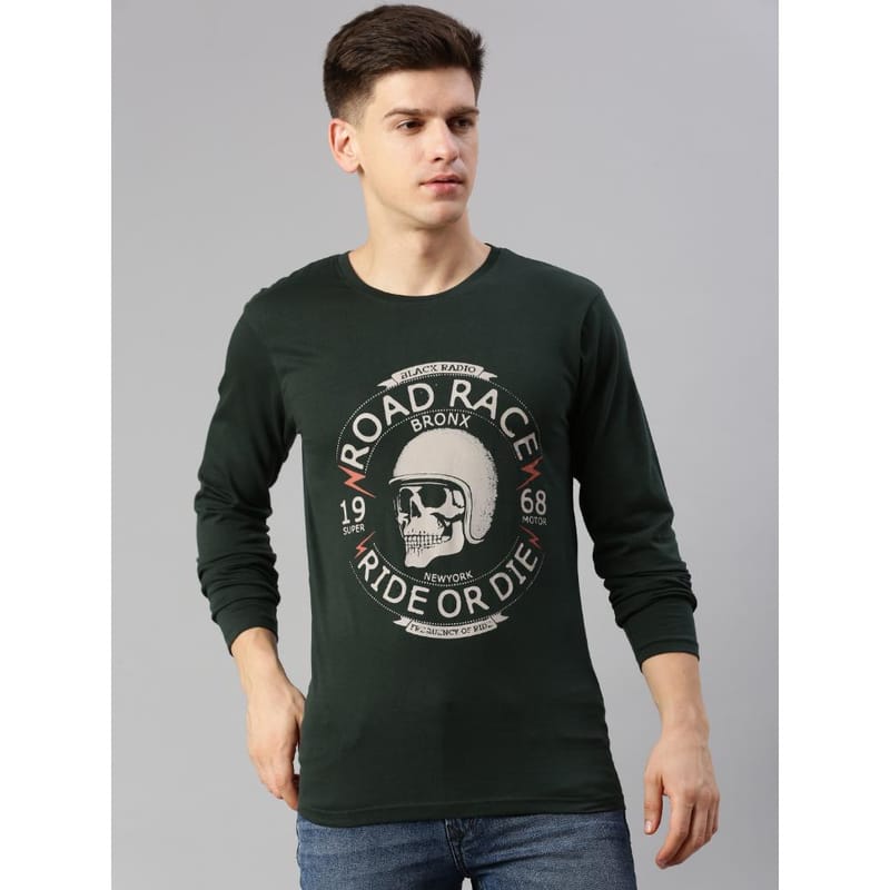 BLACK RADIO Mens Round neck Long Sleeve Graphic Printed Steal Green T-Shirt