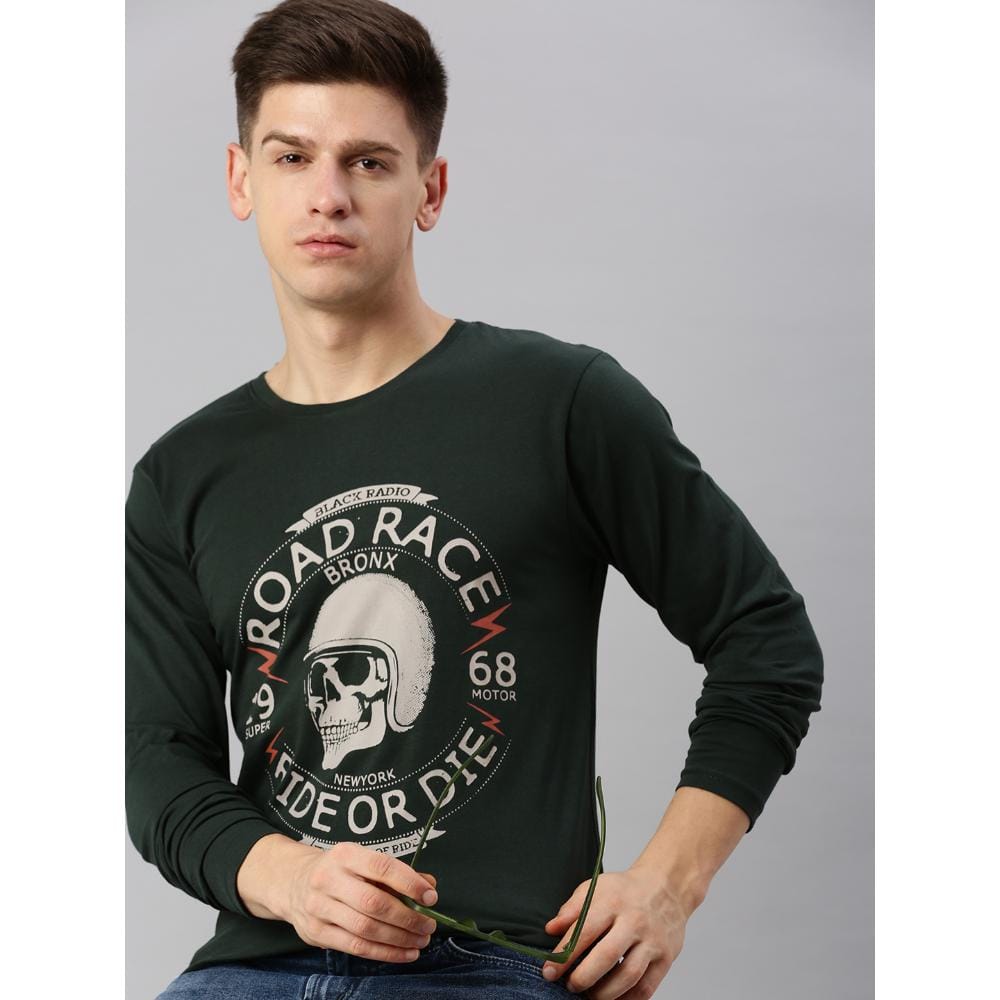 BLACK RADIO Mens Round neck Long Sleeve Graphic Printed Steal Green T-Shirt