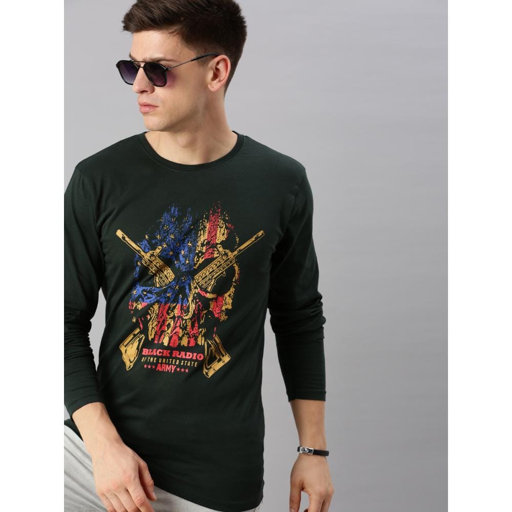 BLACK RADIO Mens Round neck Long Sleeve Graphic Printed Steal Green T-Shirt