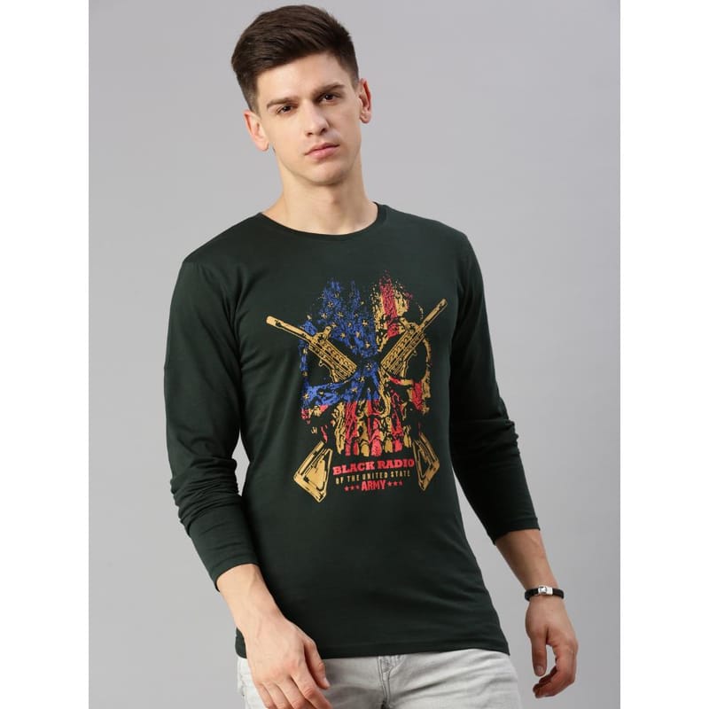 BLACK RADIO Mens Round neck Long Sleeve Graphic Printed Steal Green T-Shirt