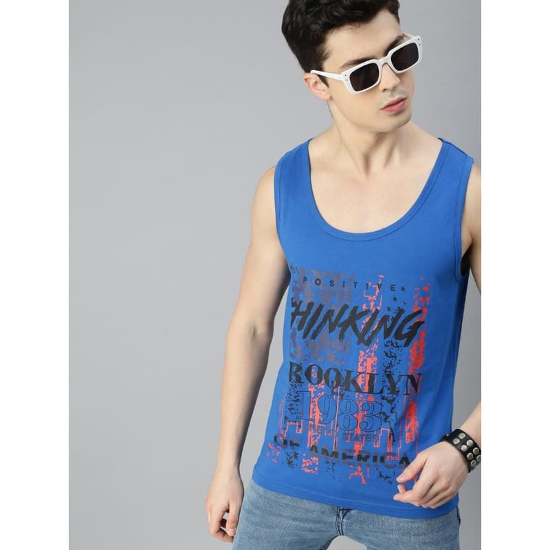 BLACK RADIO Mens Scoop Neck Sleeveless Graphic Printed Royal Blue T-Shirt