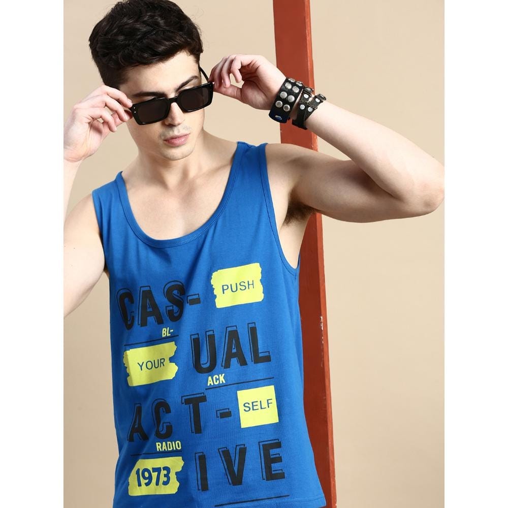 BLACK RADIO Mens Scoop Neck Sleeveless Graphic Printed Royal Blue T-Shirt