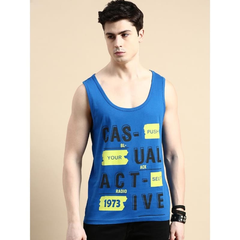 BLACK RADIO Mens Scoop Neck Sleeveless Graphic Printed Royal Blue T-Shirt