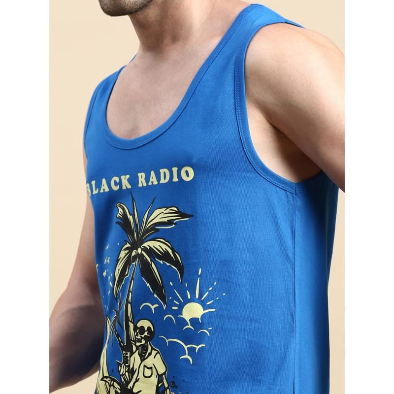 BLACK RADIO Mens Scoop Neck Sleeveless Graphic Printed Royal Blue T-Shirt