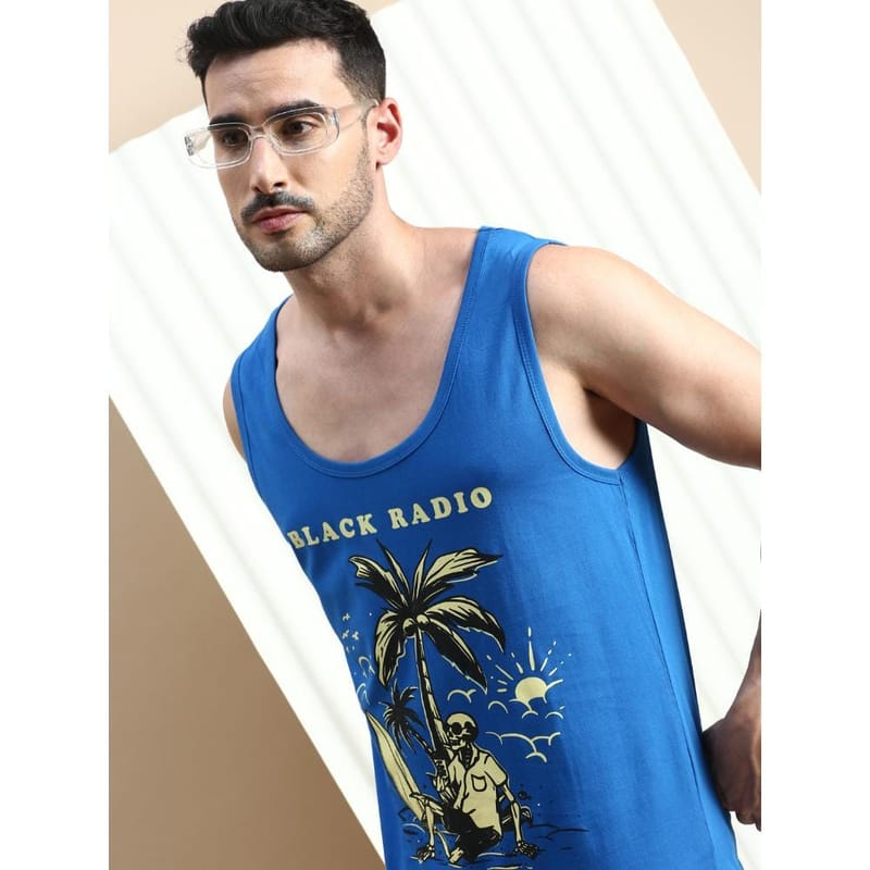 BLACK RADIO Mens Scoop Neck Sleeveless Graphic Printed Royal Blue T-Shirt