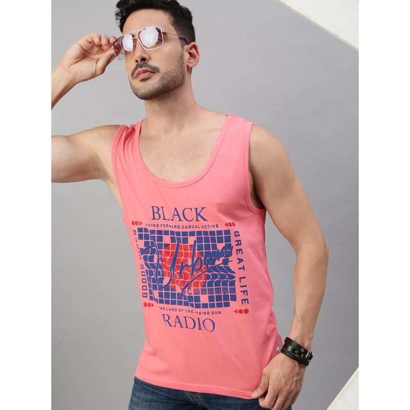 BLACK RADIO Mens Scoop Neck Sleeveless Graphic Printed Pink T-Shirt