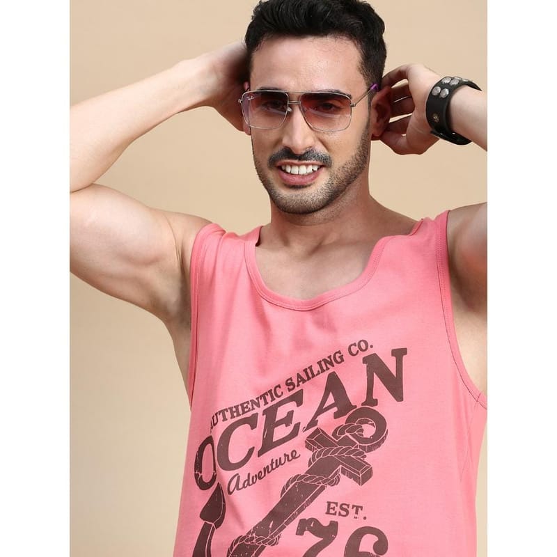 BLACK RADIO Mens Scoop Neck Sleeveless Graphic Printed Pink T-Shirt