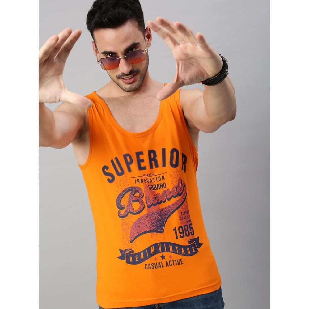 BLACK RADIO Mens Scoop Neck Sleeveless Graphic Printed Orange T-Shirt