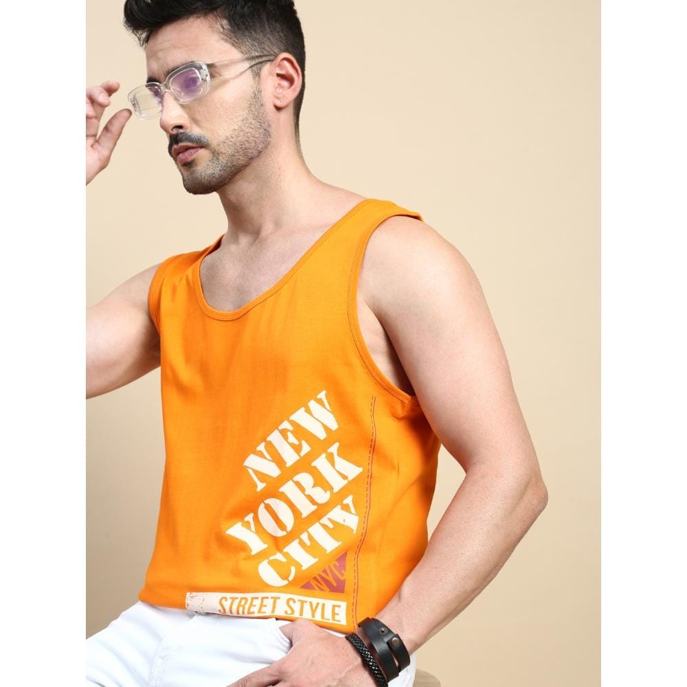 BLACK RADIO Mens Scoop Neck Sleeveless Graphic Printed Orange T-Shirt