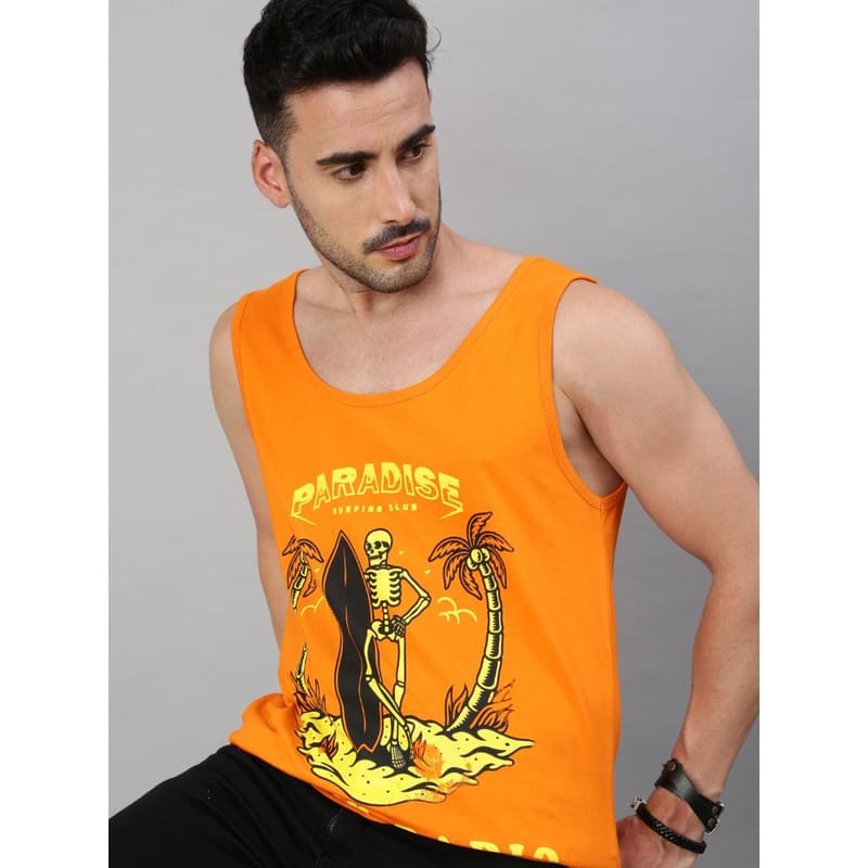 BLACK RADIO Mens Scoop Neck Sleeveless Graphic Printed Orange T-Shirt