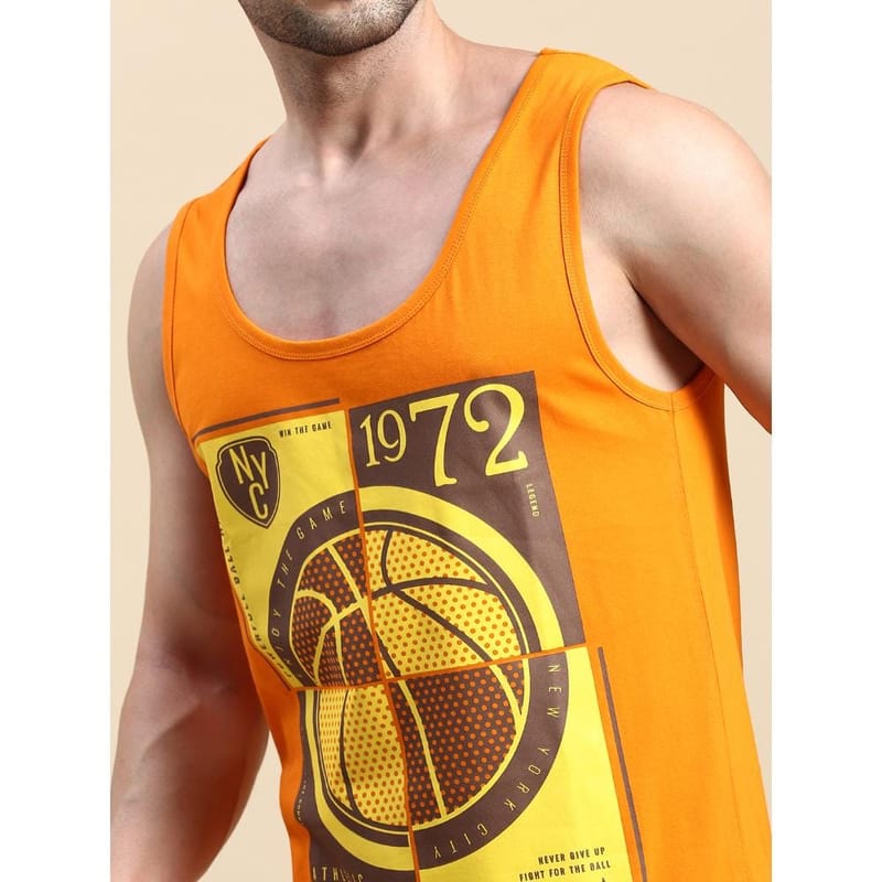 BLACK RADIO Mens Scoop Neck Sleeveless Graphic Printed Orange T-Shirt