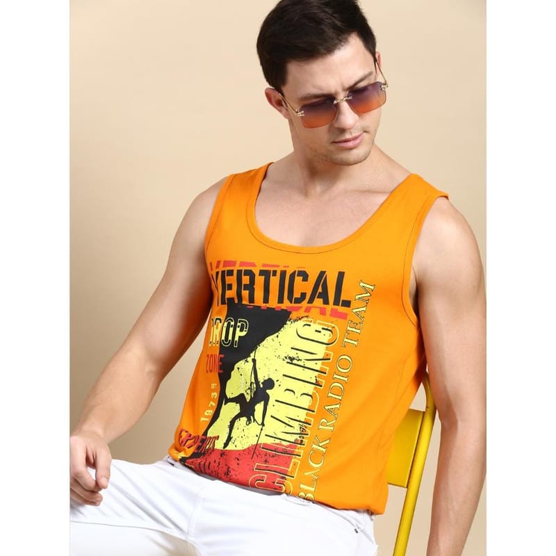 BLACK RADIO Mens Scoop Neck Sleeveless Graphic Printed Orange T-Shirt