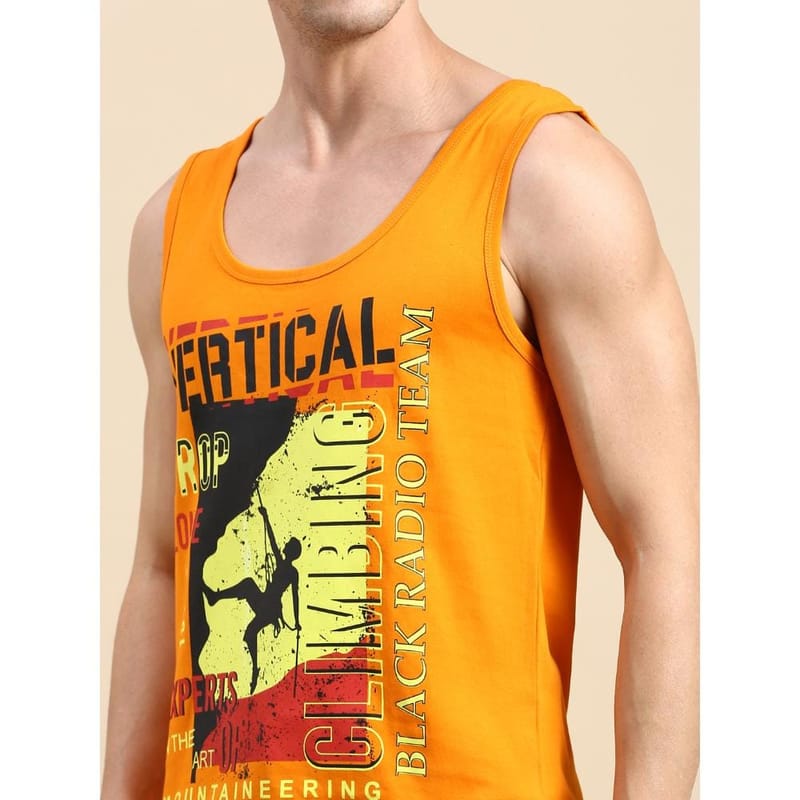 BLACK RADIO Mens Scoop Neck Sleeveless Graphic Printed Orange T-Shirt