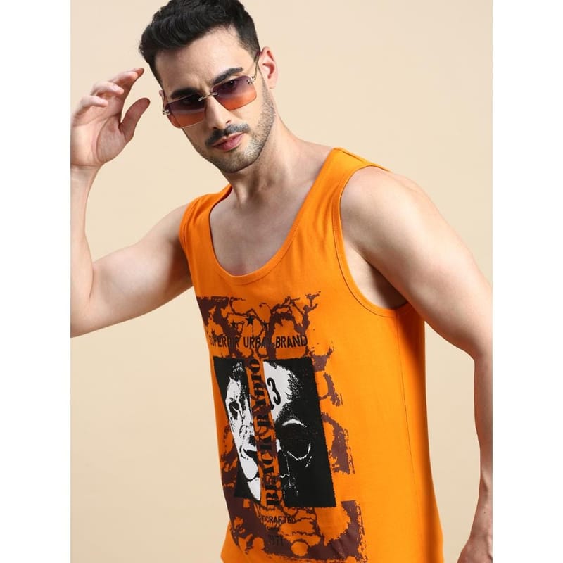 BLACK RADIO Mens Scoop Neck Sleeveless Graphic Printed Orange T-Shirt