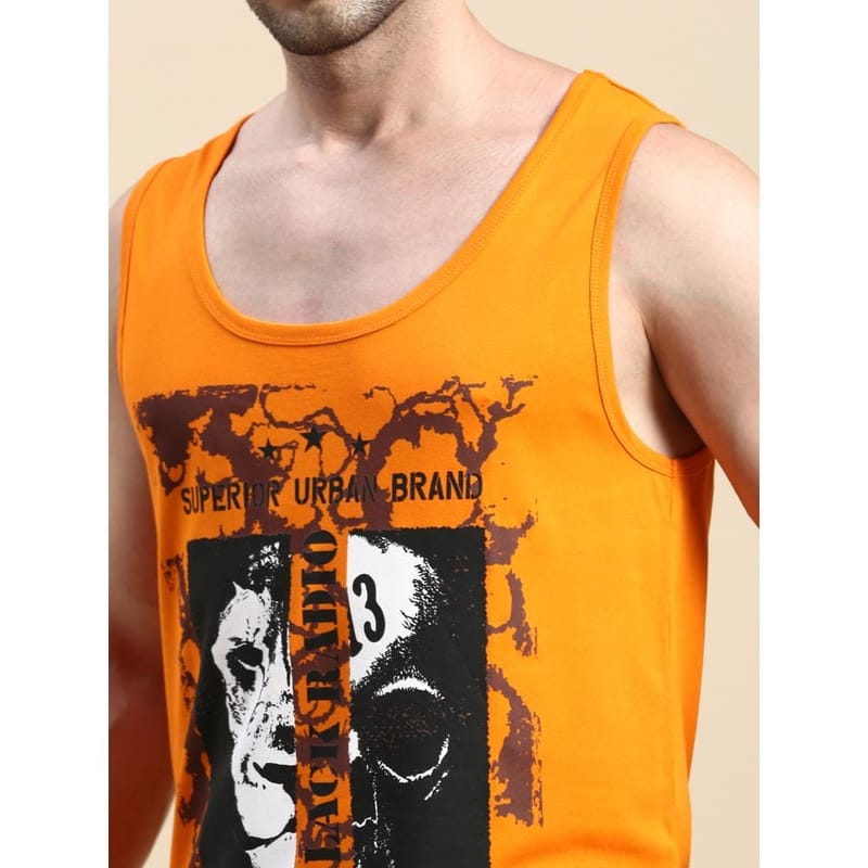 BLACK RADIO Mens Scoop Neck Sleeveless Graphic Printed Orange T-Shirt