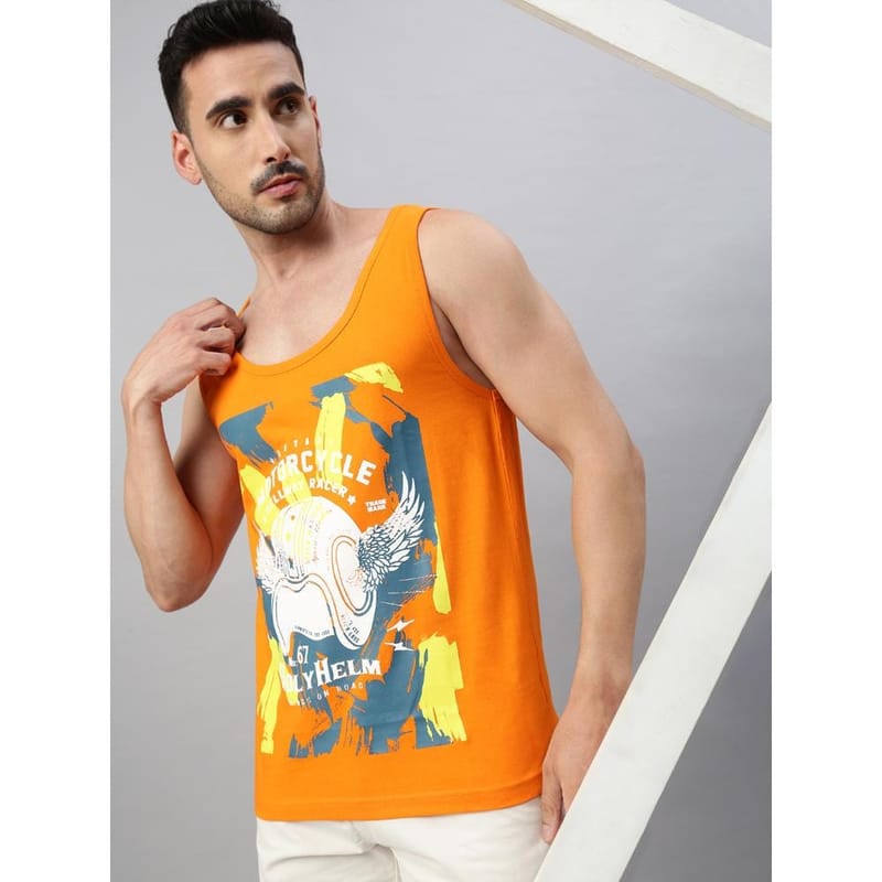 BLACK RADIO Mens Scoop Neck Sleeveless Graphic Printed Orange T-Shirt