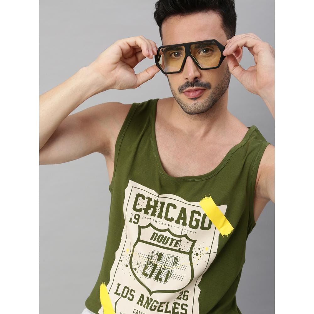 BLACK RADIO Mens Scoop Neck Sleeveless Graphic Printed Olive T-Shirt