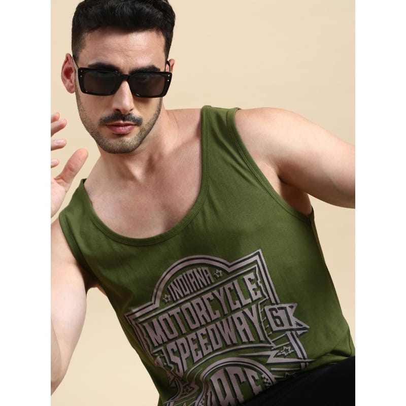 BLACK RADIO Mens Scoop Neck Sleeveless Graphic Printed Olive T-Shirt