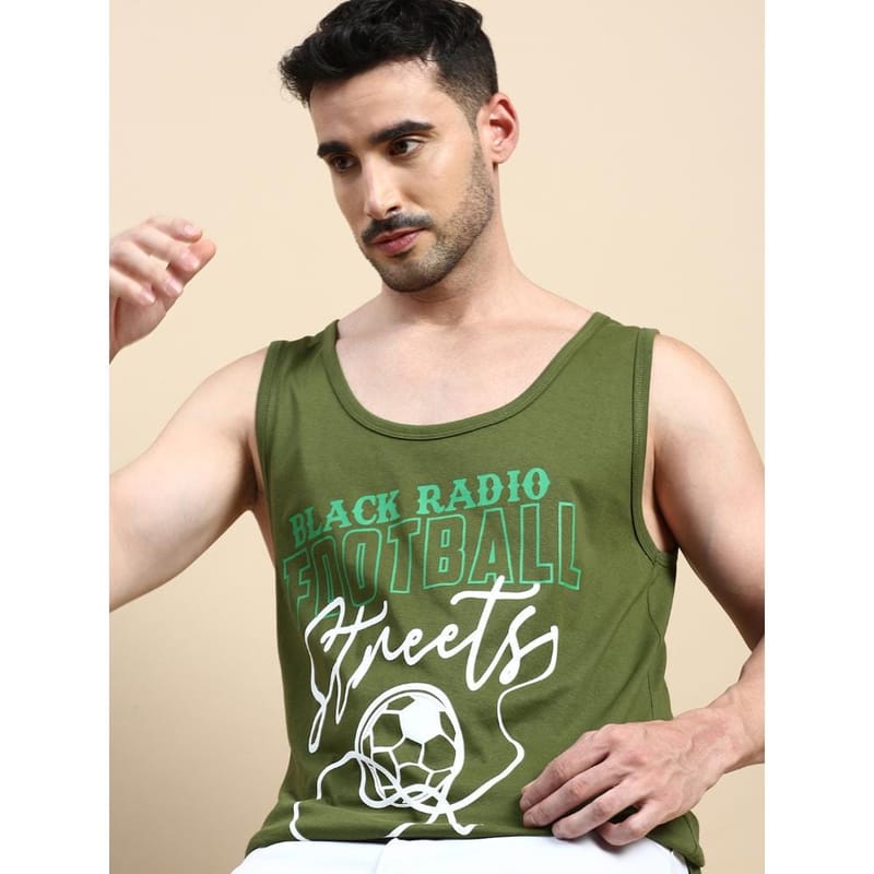 BLACK RADIO Mens Scoop Neck Sleeveless Graphic Printed Olive T-Shirt