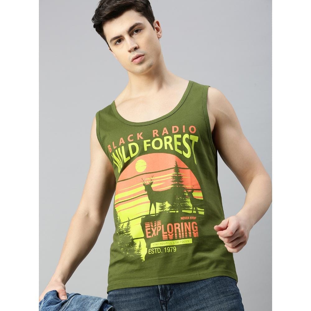 BLACK RADIO Mens Scoop Neck Sleeveless Graphic Printed Olive T-Shirt