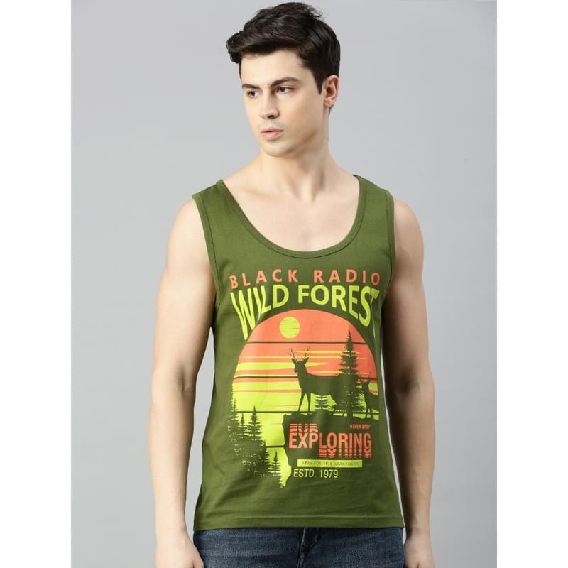 BLACK RADIO Mens Scoop Neck Sleeveless Graphic Printed Olive T-Shirt