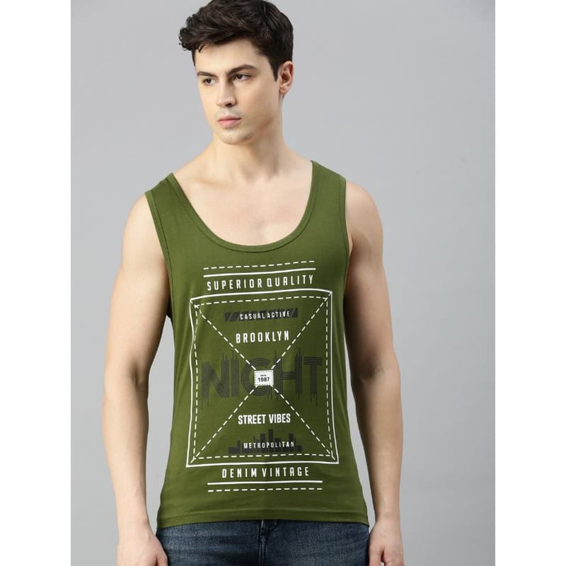 BLACK RADIO Mens Scoop Neck Sleeveless Graphic Printed Olive T-Shirt