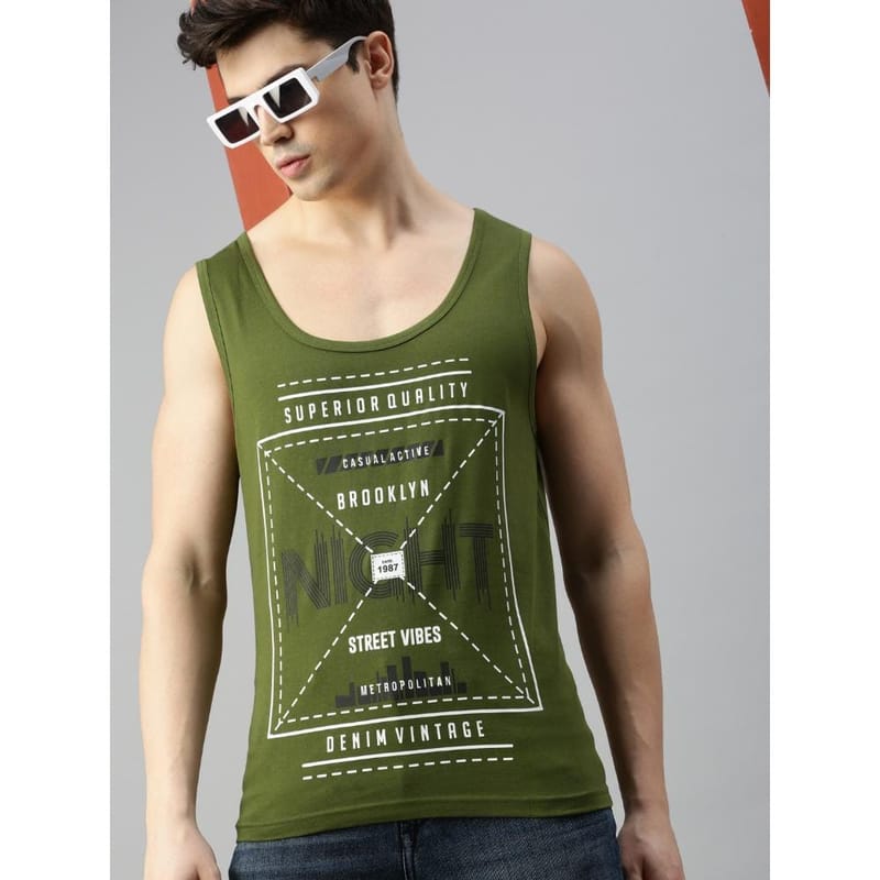 BLACK RADIO Mens Scoop Neck Sleeveless Graphic Printed Olive T-Shirt